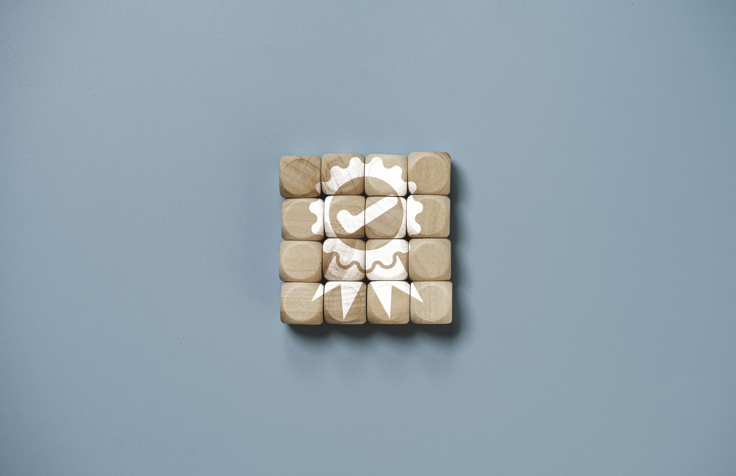 Quality assurance icon which print screen on wooden cube block f
